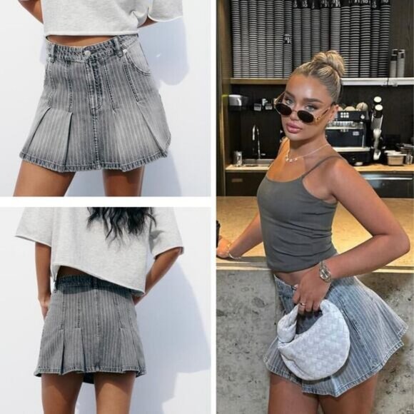 NWT ZARA Denim Mid Rise Striped Box Pleat Skirt Size Small - Picture 1 of 6